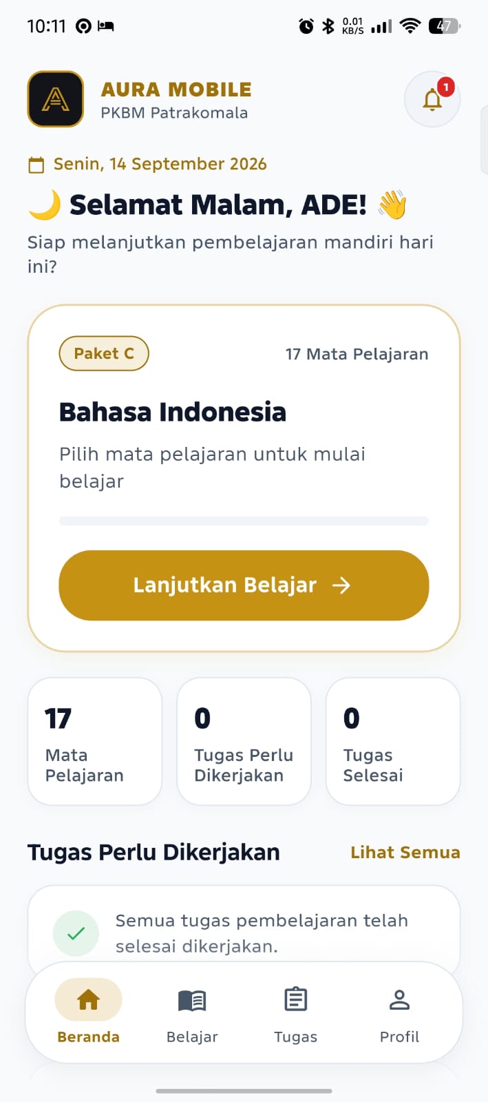 Tampilan Aplikasi Mobile Siswa Aura LMS